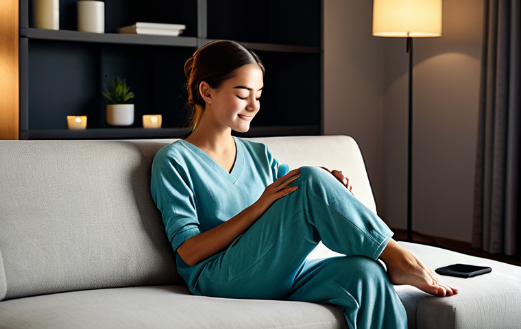 A serene individual, fully clothed in comfortable, modest loungewear, sitting comfortably on a plush sofa, eyes gently closed, a soft smile on their face. The setting is a modern, inviting living room. Warm, ambient lighting emanates from hidden LED strips and smart lamps, casting gentle shadows. A subtle aromatherapy diffuser releases a gentle mist, and a sleek smart speaker quietly plays calming instrumental music. The overall atmosphere is one of profound peace and comfort. Perfect anatomy, correct proportions, natural pose, well-formed hands, natural body proportions, professional photography, high quality, safe for work, appropriate content, fully clothed, family-friendly.