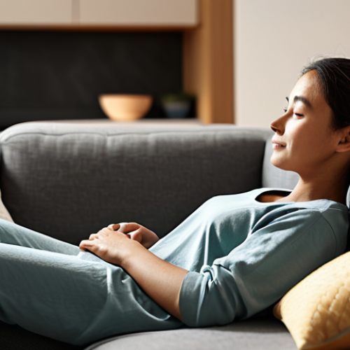 Home 6 A peaceful individual, fully clothed in modest loungewear, relaxing on a comfortable sofa in a modern living room. The room is bathed in warm, soft, dim smart lighting, mimicking late evening ambiance, preparing for rest. Subtle smart home devices, like a smart speaker, are visible. The atmosphere is calm and serene, promoting relaxation and well-being. Appropriate content, safe for work, professional photography, high quality, perfect anatomy, correct proportions, natural pose, well-formed hands, proper finger count, natural body proportions, family-friendly.