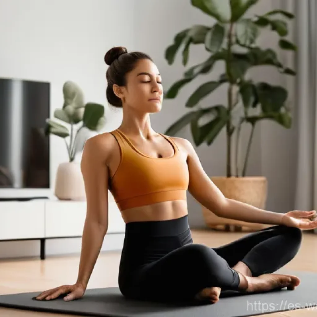 스마트홈 환경에서의 규칙적인 운동 방법 - **Prompt:** A fit woman in her late 20s, wearing stylish yet comfortable sports bra and high-waisted...