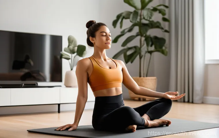 스마트홈 환경에서의 규칙적인 운동 방법 - **Prompt:** A fit woman in her late 20s, wearing stylish yet comfortable sports bra and high-waisted...