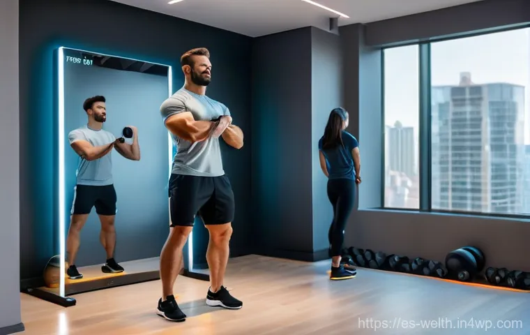 스마트홈 환경에서의 규칙적인 운동 방법 - **Prompt:** A fit woman in her late 20s, wearing stylish yet comfortable sports bra and high-waisted...