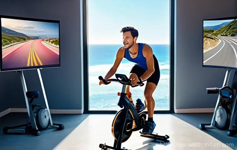 스마트홈 환경에서의 규칙적인 운동 방법 - **Prompt:** A strong man in his early 30s, wearing athletic shorts and a form-fitting t-shirt, is pe...