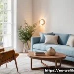 Home 18 스마트 조명을 활용한 수면 질 향상 방법 - **Prompt:** A cozy living room at twilight, transitioning from a bright, cool daylight feel to a war...