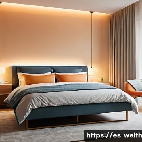 Home 29 스마트홈에서의 우울증 예방 기법 - **Prompt:** A cozy, modern bedroom bathed in the soft, warm glow of a simulated sunrise. A person, w...