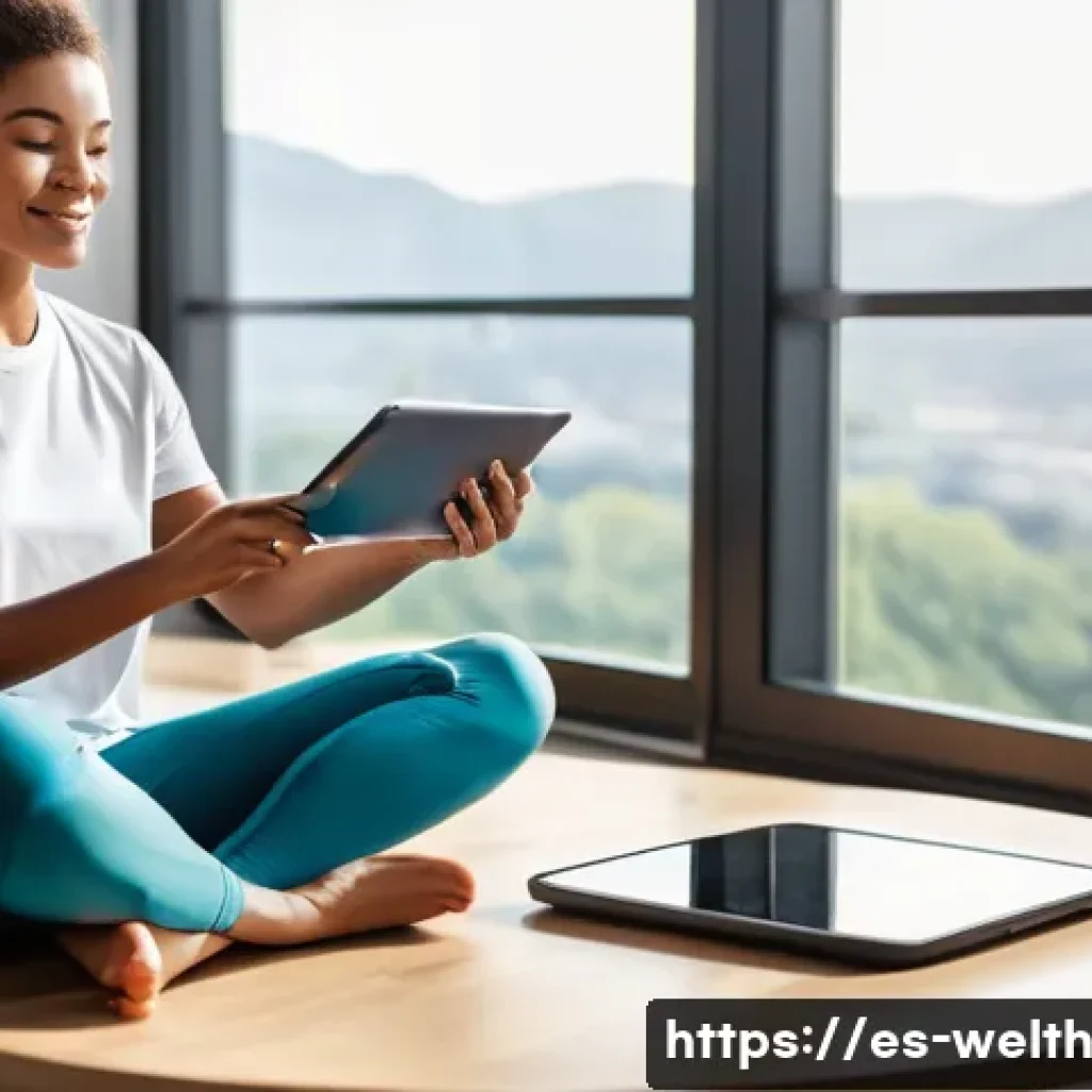 스마트홈에서의 개인 건강 데이터 관리 - **Prompt:** A clean, brightly lit, modern living room where a young adult (mid-20s, wearing comforta...