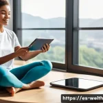 Home 16 스마트홈에서의 개인 건강 데이터 관리 - **Prompt:** A clean, brightly lit, modern living room where a young adult (mid-20s, wearing comforta...