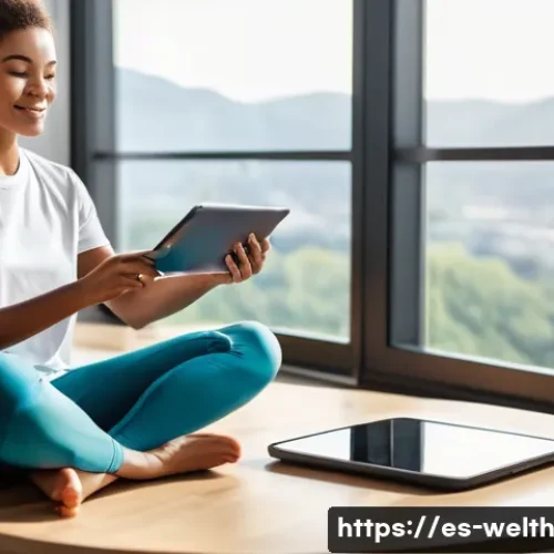 Home 28 스마트홈에서의 개인 건강 데이터 관리 - **Prompt:** A clean, brightly lit, modern living room where a young adult (mid-20s, wearing comforta...