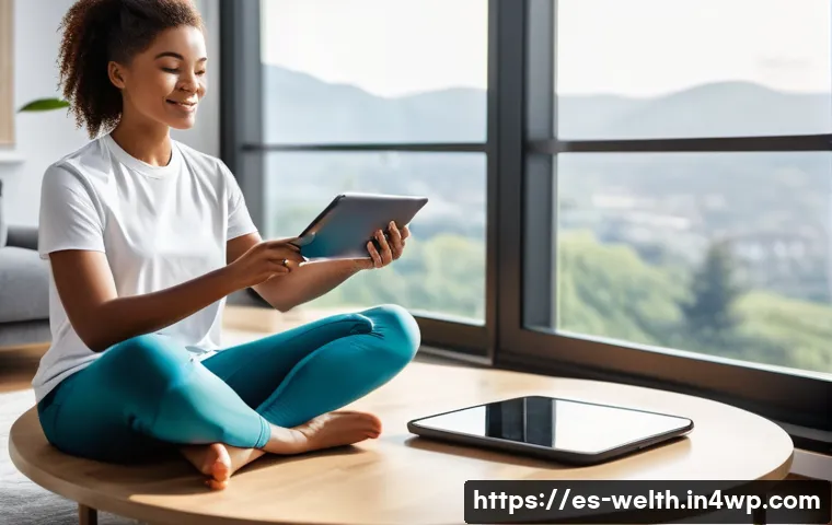 스마트홈에서의 개인 건강 데이터 관리 - **Prompt:** A clean, brightly lit, modern living room where a young adult (mid-20s, wearing comforta...