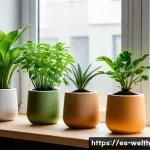 Home 20 스마트홈에서의 실내 식물 관리 방법 - A modern indoor garden setup featuring smart irrigation technology: sleek soil moisture sensors inse...