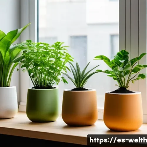 Home 32 스마트홈에서의 실내 식물 관리 방법 - A modern indoor garden setup featuring smart irrigation technology: sleek soil moisture sensors inse...