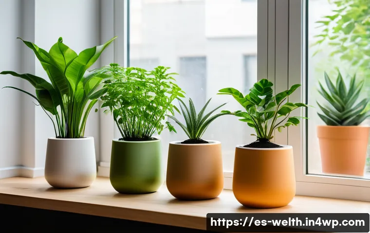 스마트홈에서의 실내 식물 관리 방법 - A modern indoor garden setup featuring smart irrigation technology: sleek soil moisture sensors inse...