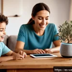 Home 19 스마트홈에서의 가족 간 소통 방법 - A modern Spanish family in a cozy living room using a smart voice assistant device like Amazon Alexa...