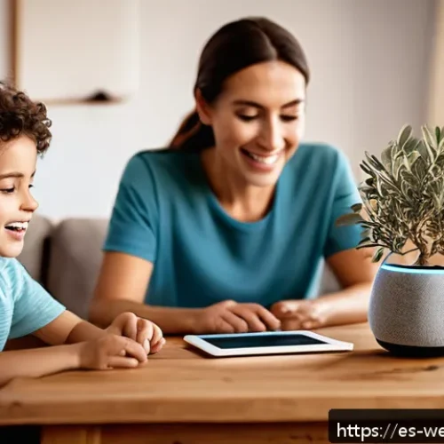 Home 31 스마트홈에서의 가족 간 소통 방법 - A modern Spanish family in a cozy living room using a smart voice assistant device like Amazon Alexa...