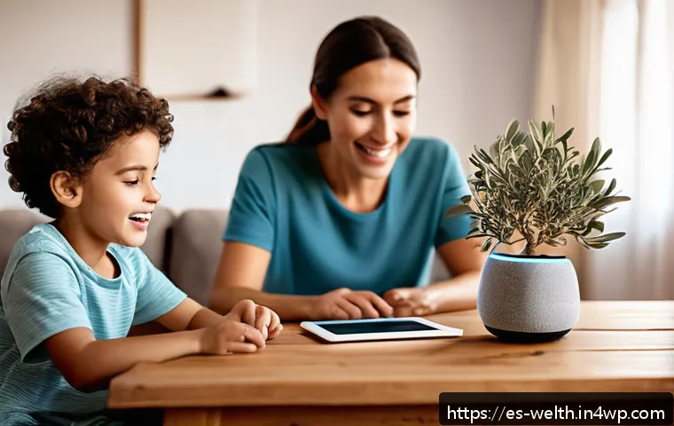 스마트홈에서의 가족 간 소통 방법 - A modern Spanish family in a cozy living room using a smart voice assistant device like Amazon Alexa...