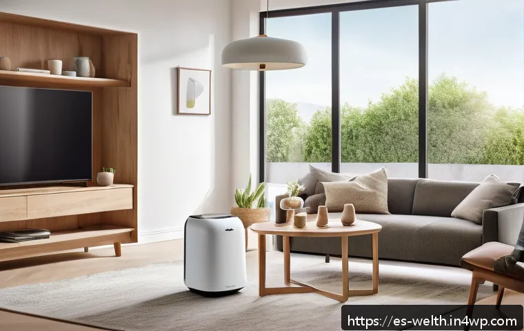스마트홈에서의 가족 건강 관리 전략 - A modern Spanish family living room featuring a sleek smart air purifier with integrated sensors vis...