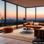 Home 23 스마트홈 기술로 웰빙 향상시키기 - A modern Spanish living room at dusk featuring smart lighting with warm amber hues gently illuminati...