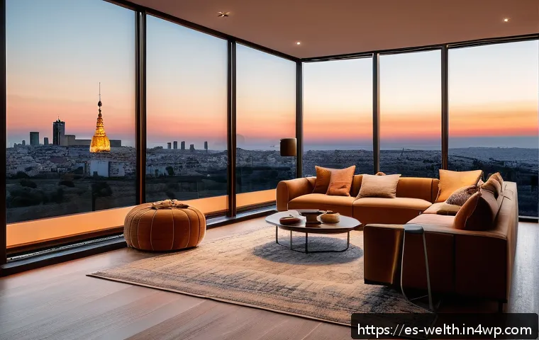 스마트홈 기술로 웰빙 향상시키기 - A modern Spanish living room at dusk featuring smart lighting with warm amber hues gently illuminati...