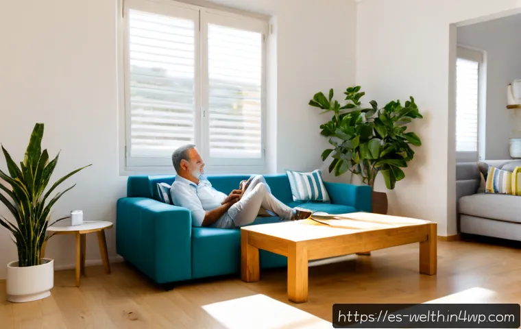 스마트홈 웰빙을 위한 커스터마이징 전략 - Photorealistic bright Spanish apartment living room customized for wellbeing, a middle-aged couple r...